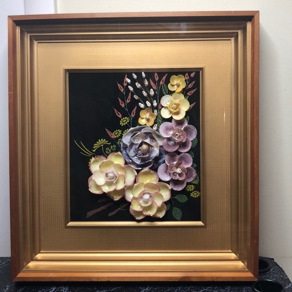 Vintage floral shell art shadow box